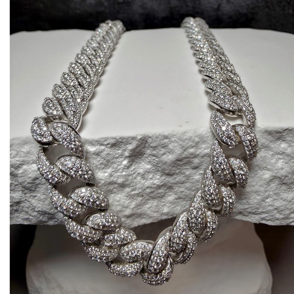 24" 10mm 22.80 CTW VVS D Moissanite Cuban Hollow Chain 925 Sterling Silver